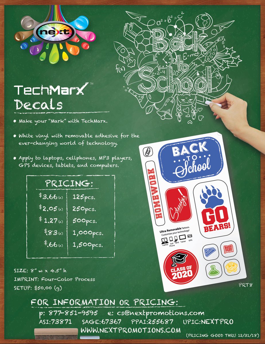 NextPromotions's tweet image. It's time to go back to school! Make your mark this school year with our TechMarx Decals! #decals #BackToSchool2018 #Promotions