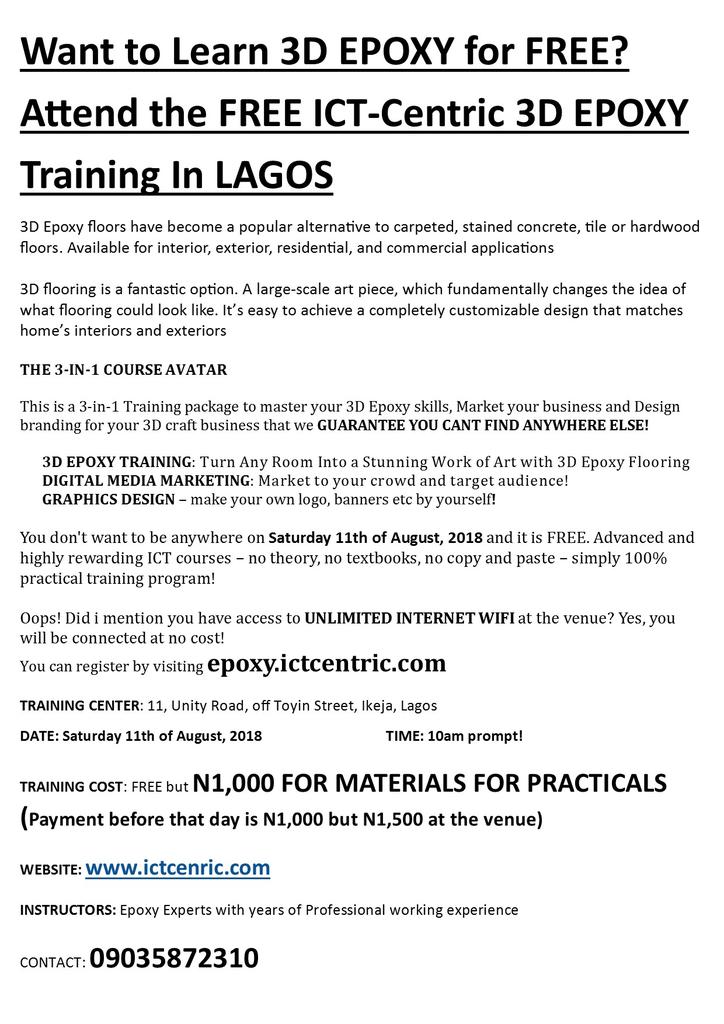 ict_centric's tweet photo. YOU DON'T WANT MISS THIS INCREDIBLE FREE TRAINING
#ict_centric
#3DEpoxytraining
#ums2018 
#umsnigeria 
#umsafrica https://t.co/B9Z2e3nikH