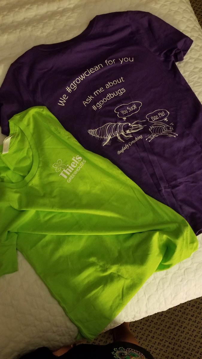 ThielsGH's tweet photo. Today's msg brought 2you by the color purple'nlime and the letters #IPM ๐ฑ๐๐ My new Tshirt launch at #Cultivate18 #goodbugs #growclean THX @BugladySuzanne cool graphics! #buggeeks #AlbertaIPMevents #aggwild @RVBioControl @P_K49 Debbie @BioWorksInc https://t.co/BqKgWe4j1g