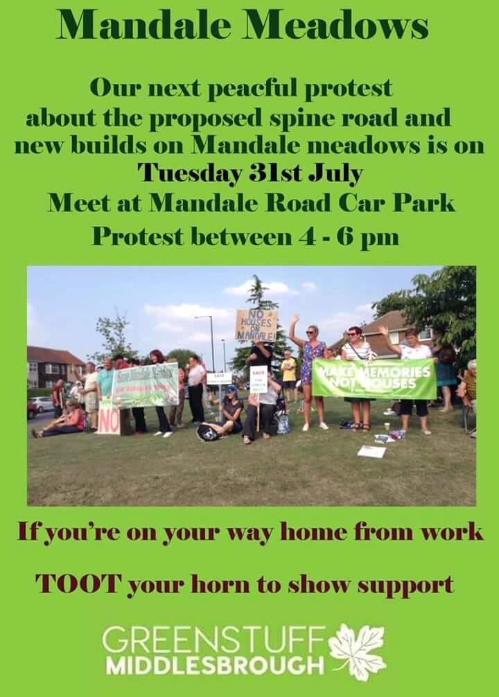GreenstuffMbro's tweet image. Nearly time for today's peaceful protest about proposed spine road and new builds on #MandaleMeadow.
Meet at the Mandale car park, #Acklam, #Middlesbrough between 4pm and 6pm #SaveMandaleMeadow
@teeswildlife @TeessideLive @MayorDaveBudd @BenHouchen
pic credit @GillMollard