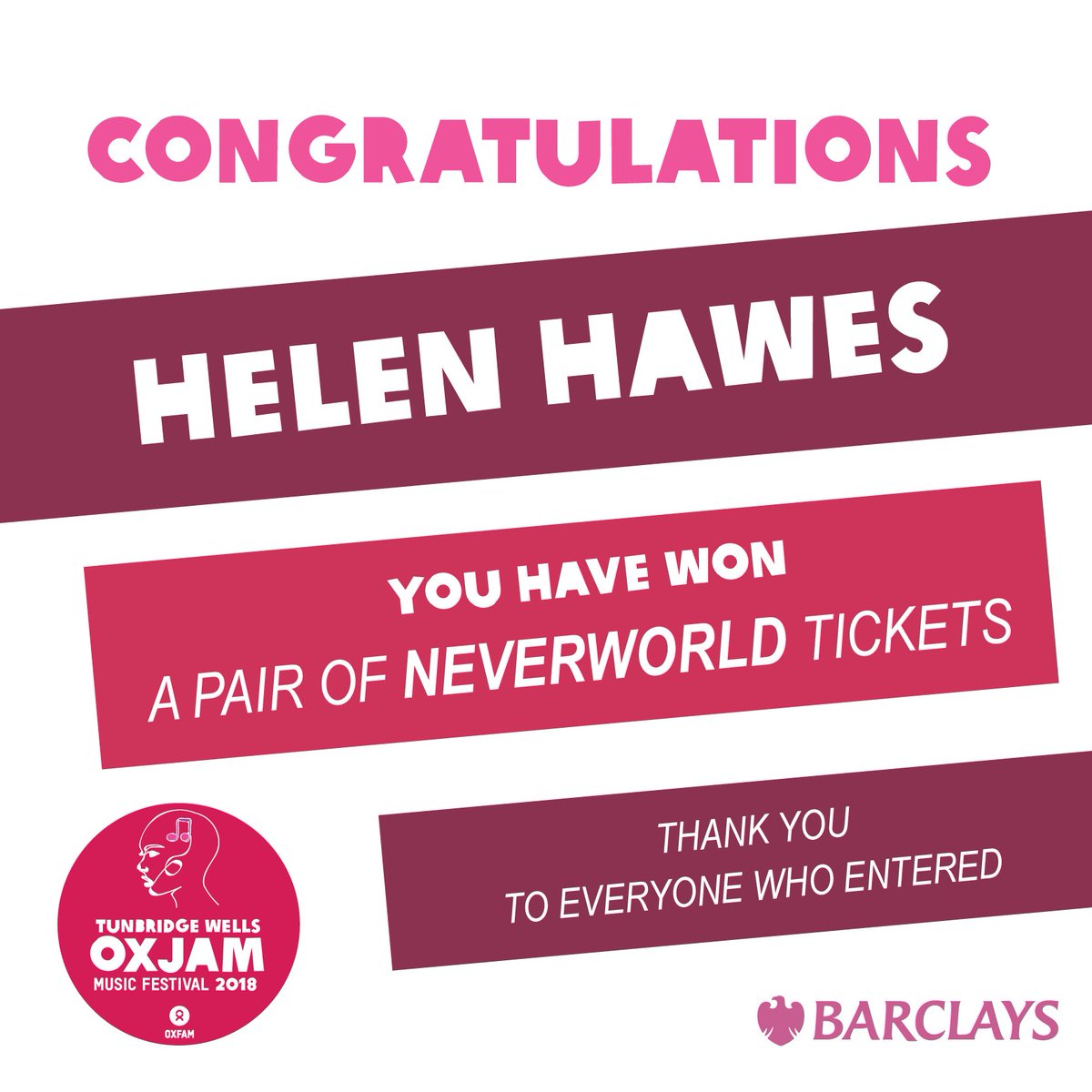 OxjamTW's tweet photo. Congratulations to Helen Hawes! You are the winner of the raffle and have won yourself a pair of @neverworld tickets 🎫 Enjoy the festival 🌈✨

Thank you again to everyone who came to our fundraising gig at @oxfamshoptw! 

#oxjamtw2018 #oxjam #oxfam #tunbridgewells #neverworld https://t.co/gDORKBUbDI