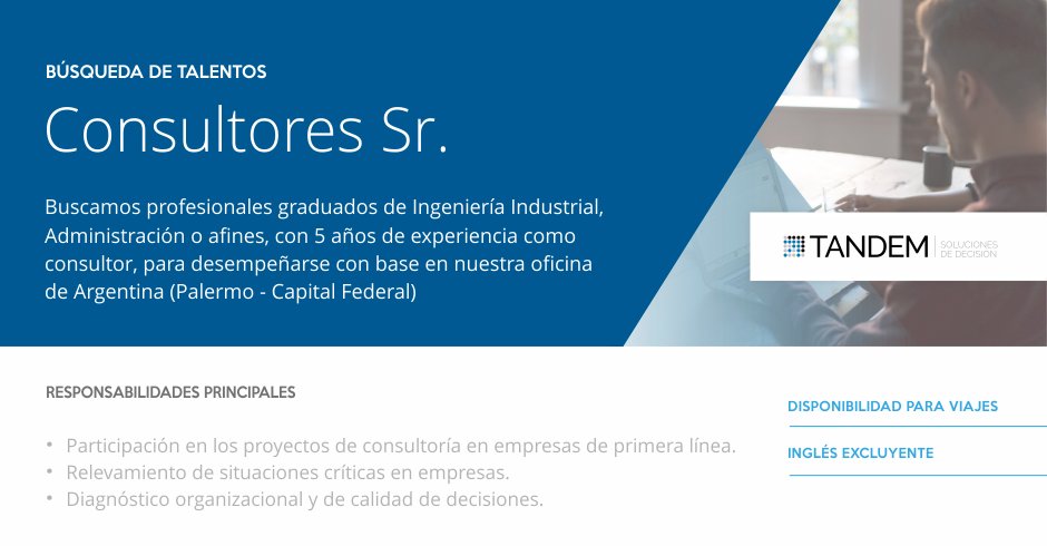 #BúsquedaDeTalentos | Consultor Sr. | Buenos Aires
Son requisitos excluyentes el dominio avanzado de idioma inglés, disponibilidad para viajes de hasta 3 meses de duración.
Más información de la búsqueda en el siguiente link:  goo.gl/88pRrw | CVs: busquedas@tandemsd.com