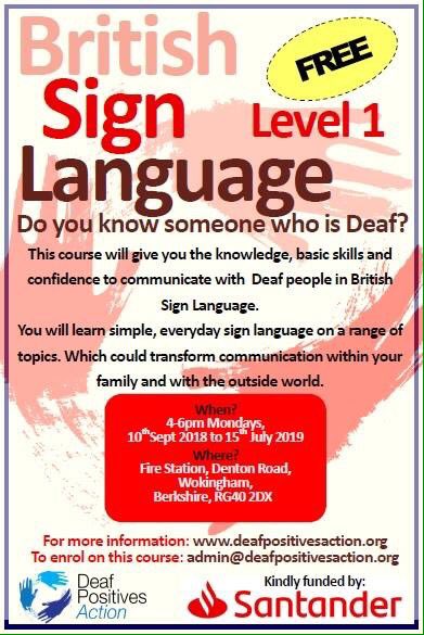 DeafPosAction's tweet photo. FREE Level1 in BSL–This course will give you the knowledge, basic skills &amp; confidence to communicate with Deaf.

*Please note placement on this course is subject to having Deaf or Hard of Hearing family members or friends*
4-6pm Mondays 10th Sept 2018 to 24th June 2019 https://t.co/aqEx6VAi6i