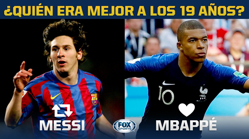 FOXSportsMX's tweet photo. 🤔 🤔 🤔

#CentralFOX ¿Te atreves a opinar sobre qué jugador era mejor a los 19 años?

🔄 = Messi 

♥ = Mbappé https://t.co/AhpSh7LFsk
