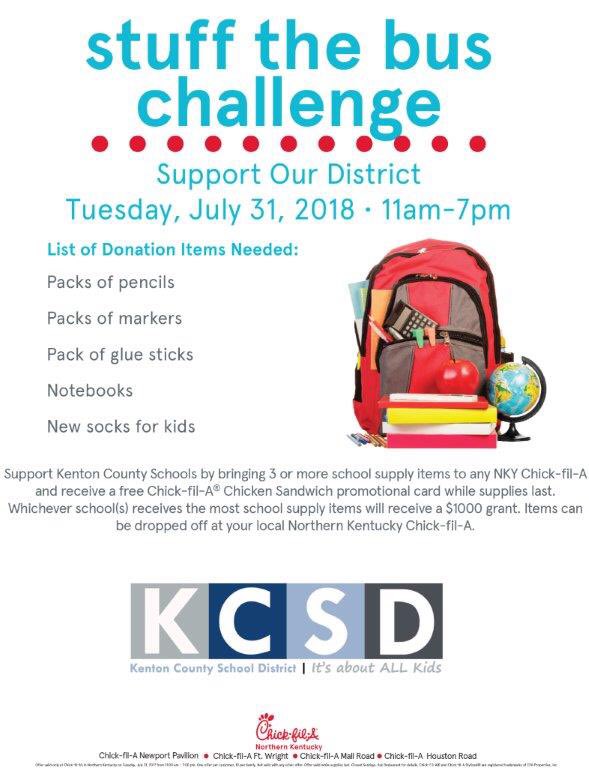 TheKCSD's tweet image. The ☀️ is out! Head on over to the Fort Wright Chick-fil-A between now and 7 pm, donate 3 or more school supplies and get a coupon for a free original chicken sandwich!