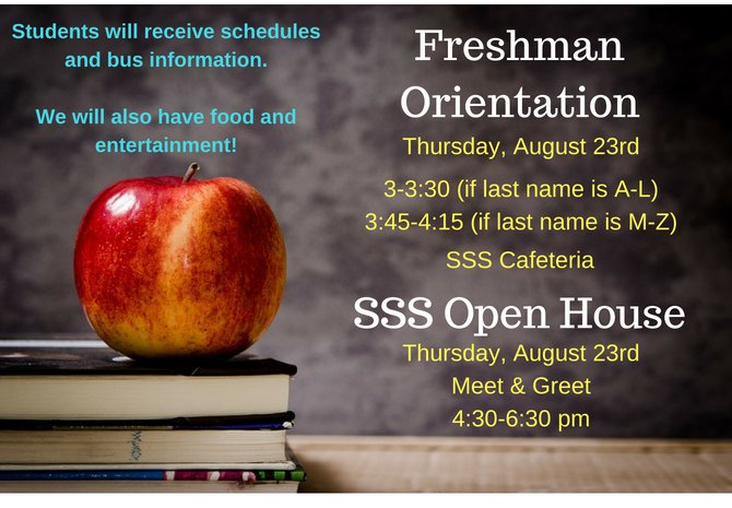 SSS_Spartans's tweet image. SSS will be holding its Freshman Orientation and Open House on August 23rd!  See the image here or on the school website for more information.