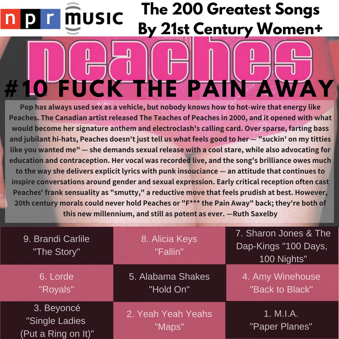 peaches's tweet photo. Making Herstory!!! Thx @nprmusic @NPR #teachesofpeaches #fuckthepainaway #ftpa #greatestsongs #whosejizzisthis #ToP20 #alltheladies #allthehashtags 🤜🏽💥🤛🏽 https://t.co/tLsSLkBvaG