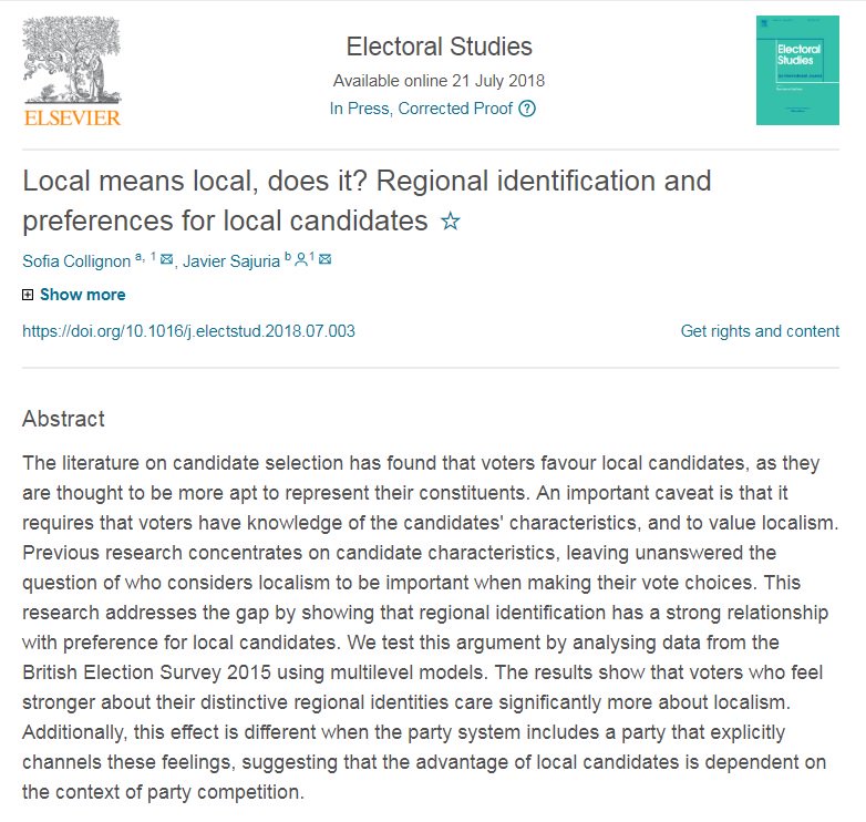 ElectoralStdies's tweet photo. 'Local means local, does it? Regional identification and preferences for local #candidates' by @SofiaColMar and @jsajuria is now available online @BESResearch @ONS @Els_SocialScien #GE2015 #UKElection2015 #legislatures #voting https://t.co/K5KwEHEa83 https://t.co/gaYlyBUEY4