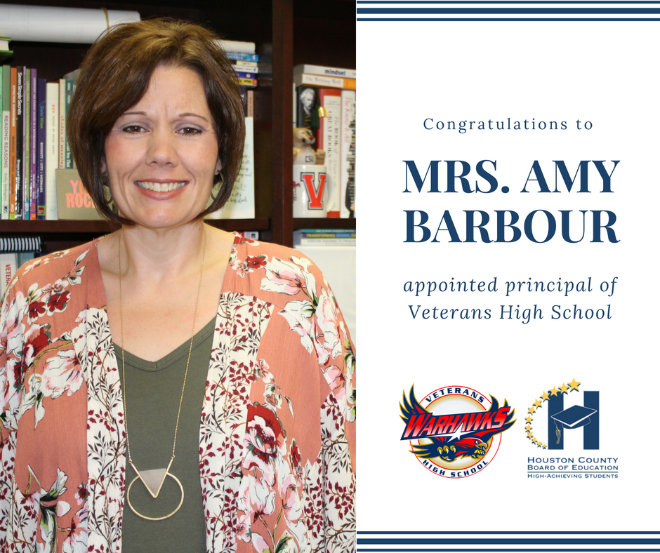 HoustonCountySD's tweet photo. Mrs. Amy Barbour was appointed @Veterans_High principal during today's called board meeting.  Congrats Mrs. Barbour! https://t.co/OeQ8P1s9SS