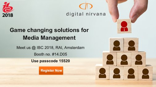 Digital_Nirvana's tweet photo. #DigitalNirvana will be at #IBC2018. Meet us and know more about #Metadator #MonitorIQ and #Subtitling Services. Booth no. #14.D05. https://t.co/wu9odt50ve
#Metadata #Avidinterplay #IBC #IBCShow #Amsterdam https://t.co/ZeYcBJeK9e