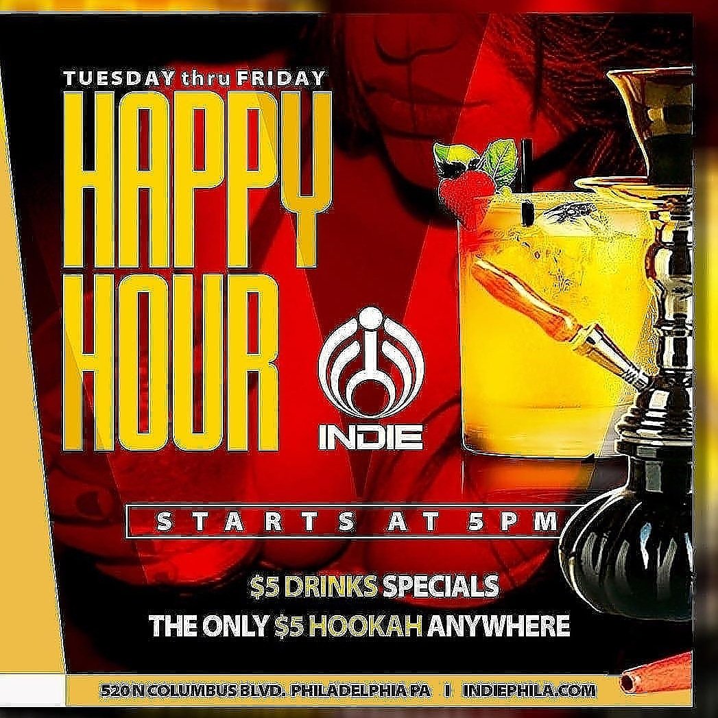 IndiePhila's tweet photo. Happy Hour‼️! $5 drink specials 🍹🍸&amp; the ONLY $5 hookah 💨anywhere! Tuesday - Friday, 5pm until! Pass it on, tag a friend ⬇️ https://t.co/hzMlkAlDQU