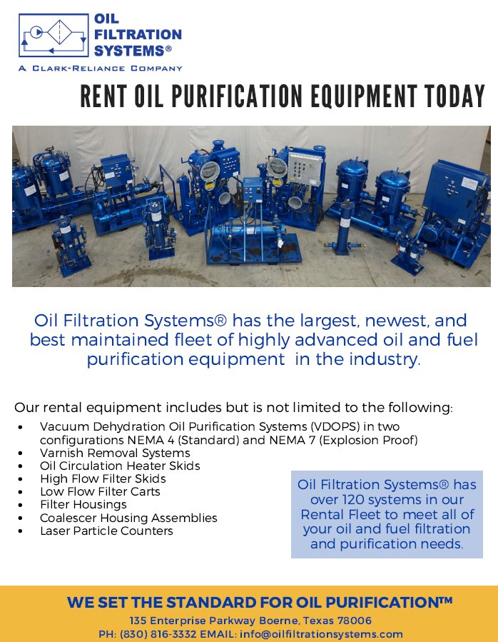 Oil Filtration Systems® operates the largest, newest, and best maintained fleet of highly advanced oil and fuel purification rental equipment in the industry. Learn more about our rental capabilities: oilfiltrationsystems.com/company_servic…
 
 Call us today at (830) 816-3332.