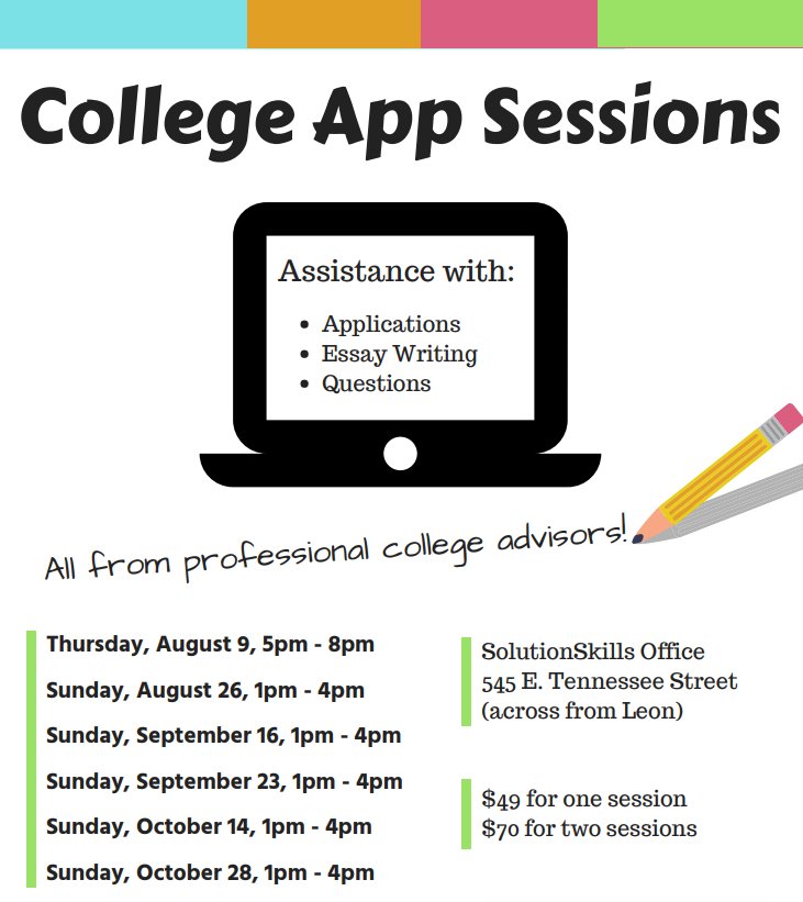 SolutionSkills's tweet photo. Is your senior dreading applying for college? Come to SolutionSkills for the College Application Session! Here, you'll get assistance with the application process and essay all from college advisors! To register, visit our website. #tutor #class #uf #fsu #college #collegeprep #ss https://t.co/aP9xUaHFDc