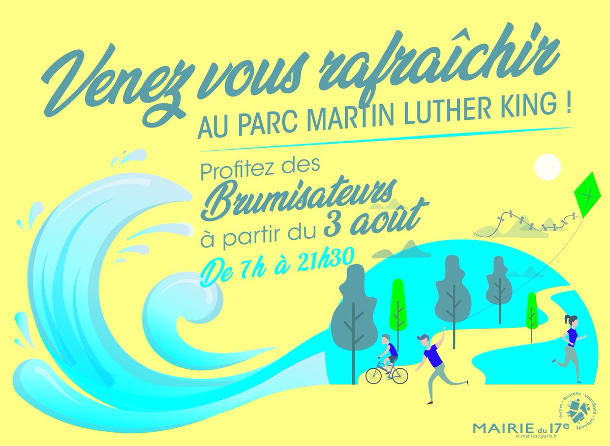 Mairie17's tweet photo. 💦 Venez profiter et vous rafraîchir avec les #brumisateurs au #ParcMartinlutherking à partir du 3 août de 7h à 21h30 #Paris17 #PMLK #été2018 https://t.co/FCeSkA88EX
