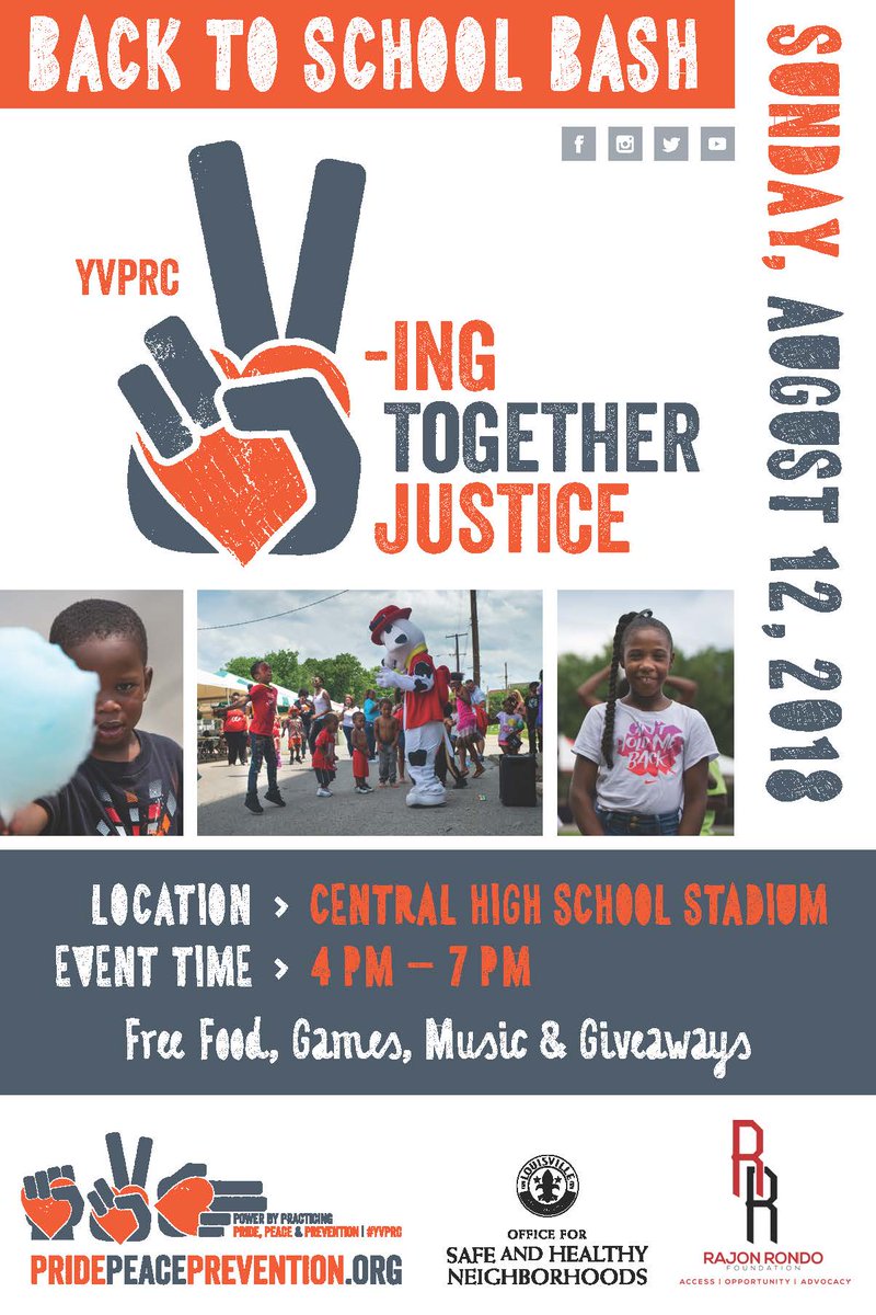 ulsphis's tweet photo. The UofL Youth Violence Prevention Research Center, @yvprc, along with the @RajonRondo Foundation & the Office of Safe and Healthy Neighborhoods is hosting a Back to School Bash on Sunday, August 12, 2018 from 4 pm – 7 pm at the Central High School Stadium. #YVPRC https://t.co/U5bfVJHds6