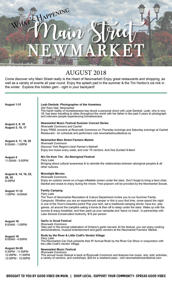 GoodVibesonMain's tweet photo. Lots going on in August on Main Street - live music, farmers, market, art and much more. Come see why Main Street is the heart of Newmarket! #Newmarket #MainStreet #lifeisgood https://t.co/dpWORZYQrB
