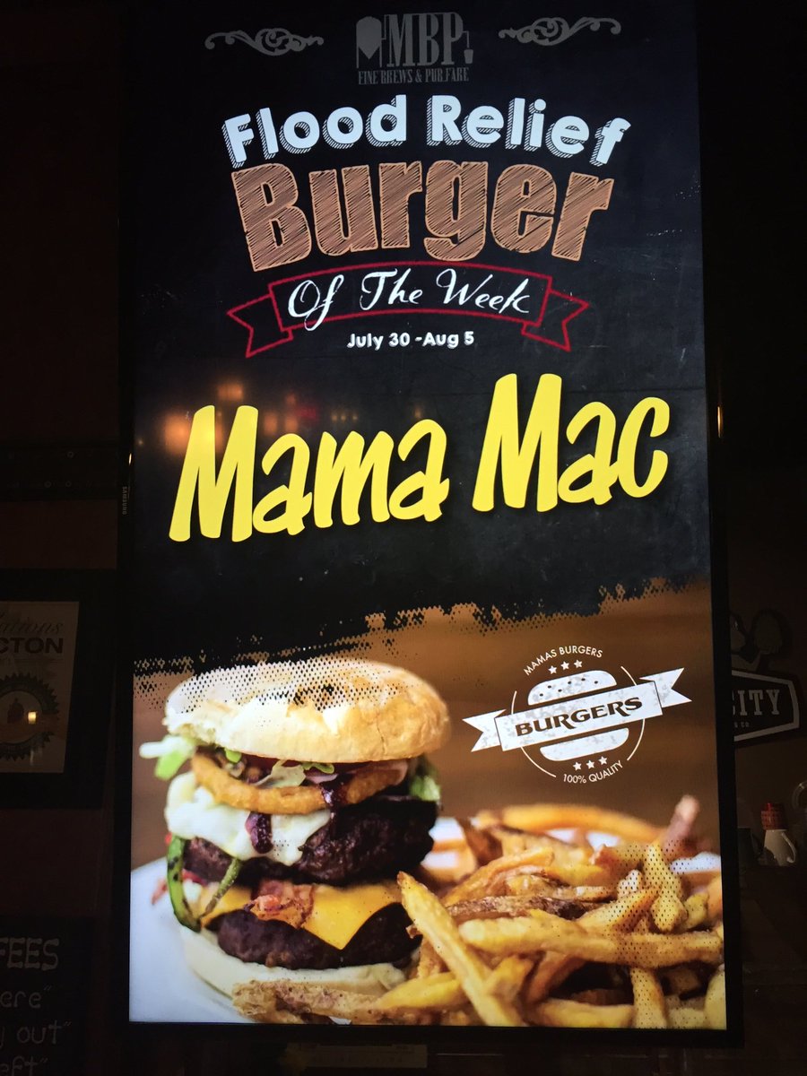 @mamasbrewpub_ Flood Relief Burger of the Week.."Mama Mac Burger"-cheddar cheese, diced onions, tomato, pickles, lettuce and Mama's secret sauce(thousand island dressing) (:  #mamasburger #helpthecause  #yummyfood