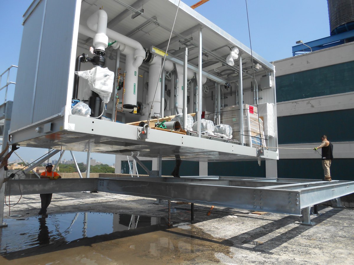 It’s always so cool to see our #modular systems being installed. That’s a 110 ft crane lifting the modules of a hot water/condenser water system for a rooftop install in NYC.
