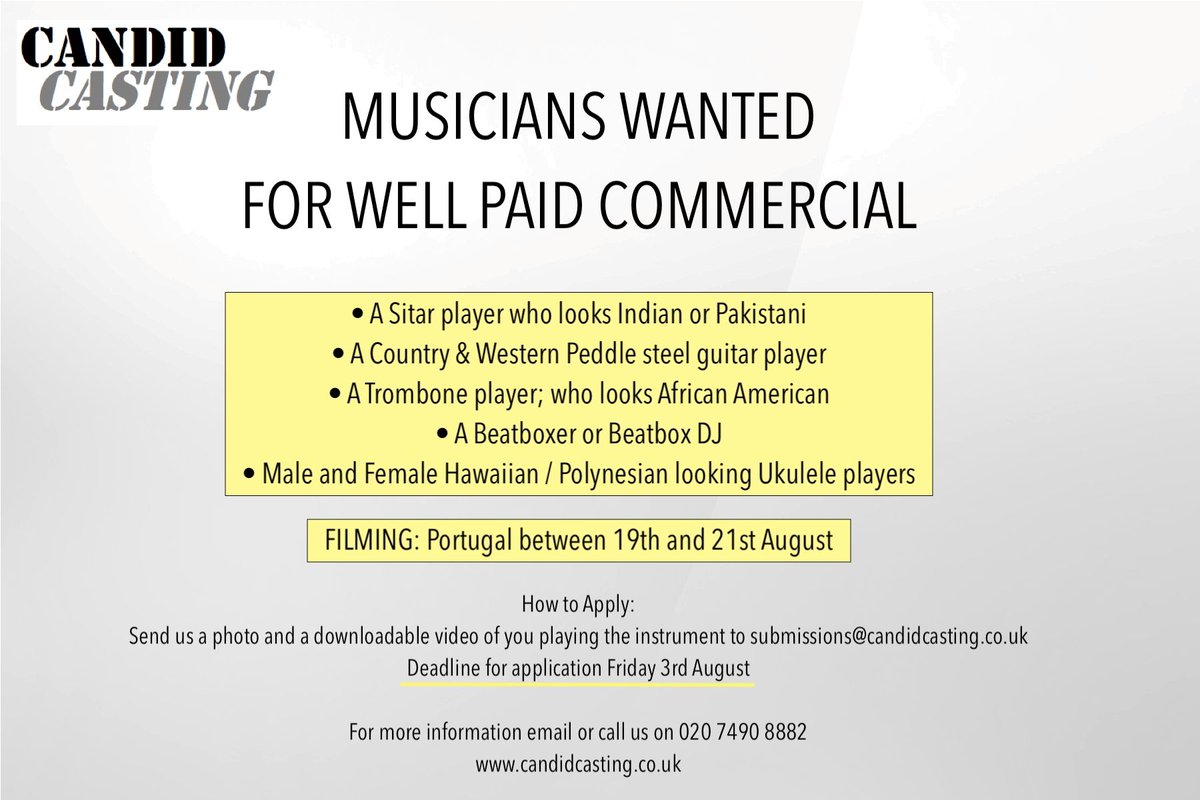 Candid Casting (@candidcasting) on Twitter photo MUSICIANS WANTED. Email with header UNITED to submissions@candidcasting.co.uk with photo, video of you playing the instrument & info.
#Sitar #PeddleSteelGuitar #Trombone #Beatboxer #BeatboxDJ #Ukulele MUSICIANS WANTED. Email with header UNITED to submissions@candidcasting.co.uk with photo, video of you playing the instrument & info.
#Sitar #PeddleSteelGuitar #Trombone #Beatboxer #BeatboxDJ #Ukulele