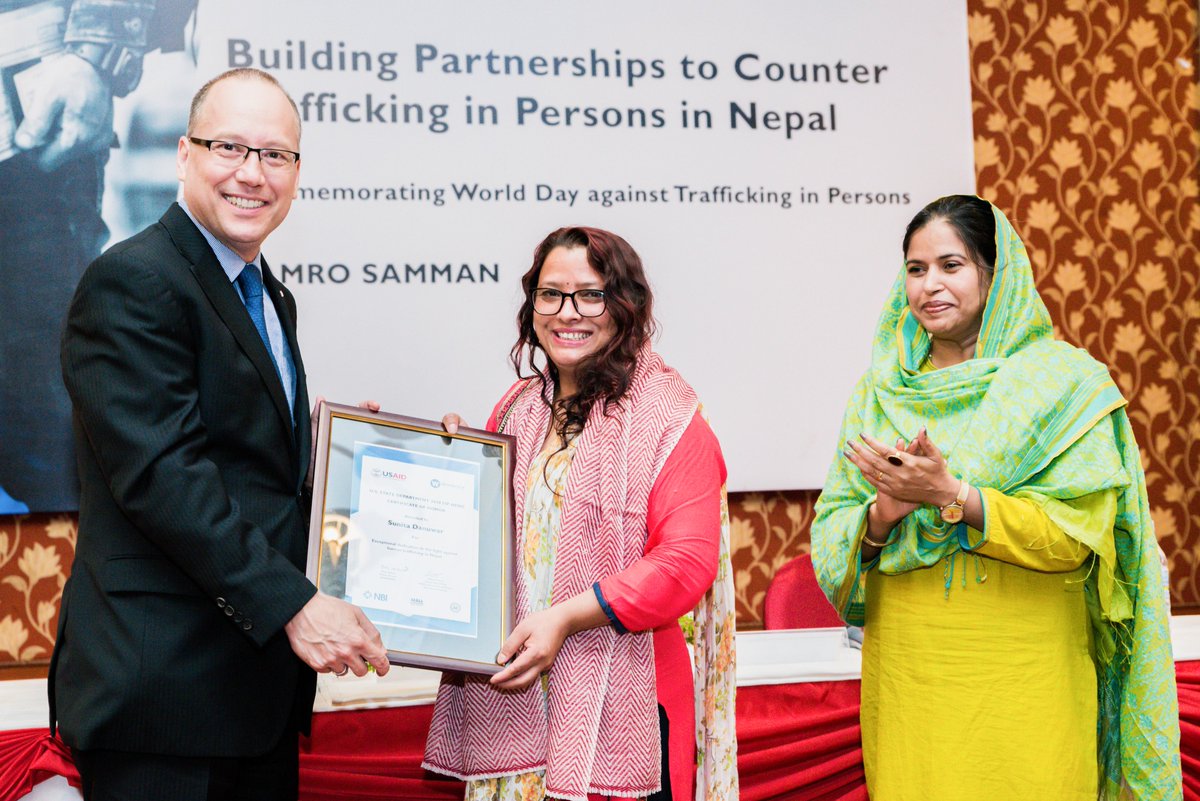 WinrockIntl's tweet photo. On World Day against Trafficking in Persons, Winrock was pleased to honor @StateDept #TIPHero Sunita Danuwar and announce #partnerships forged by @USAIDNepal #HamroSamman program to #EndTrafficking. #P3s #HumanTrafficking @JTIP_State #USAIDTransforms https://t.co/JDm0oCOnqR https://t.co/n8vRFdrc3r