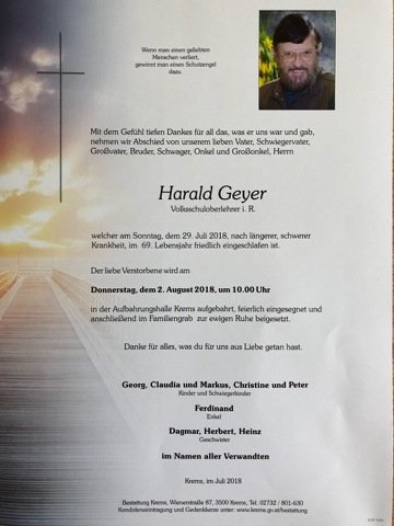 Ich bin die Tochter von Herrn Harald Geyer. Ich möchte hier bekannt geben das er leider Verstorben ist. Account wird nicht gelöscht zwecks Erinnerungen. MFG
Claudia Getzinger