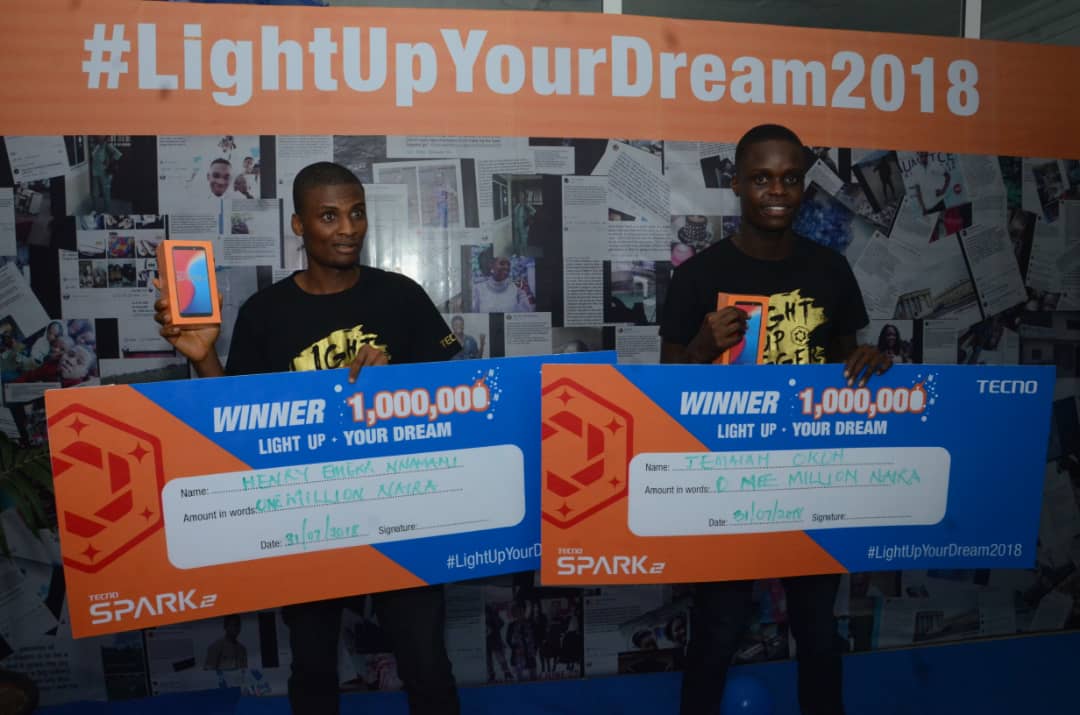 TECNOMobileNG's tweet image. Congratulations to Jeremaih Okoh and Henry Emeka, the final winners of 1 Million Naira each to support their dreams in the TECNO Spark 2 #LightUpYourDream2018. #Spark2LightUp