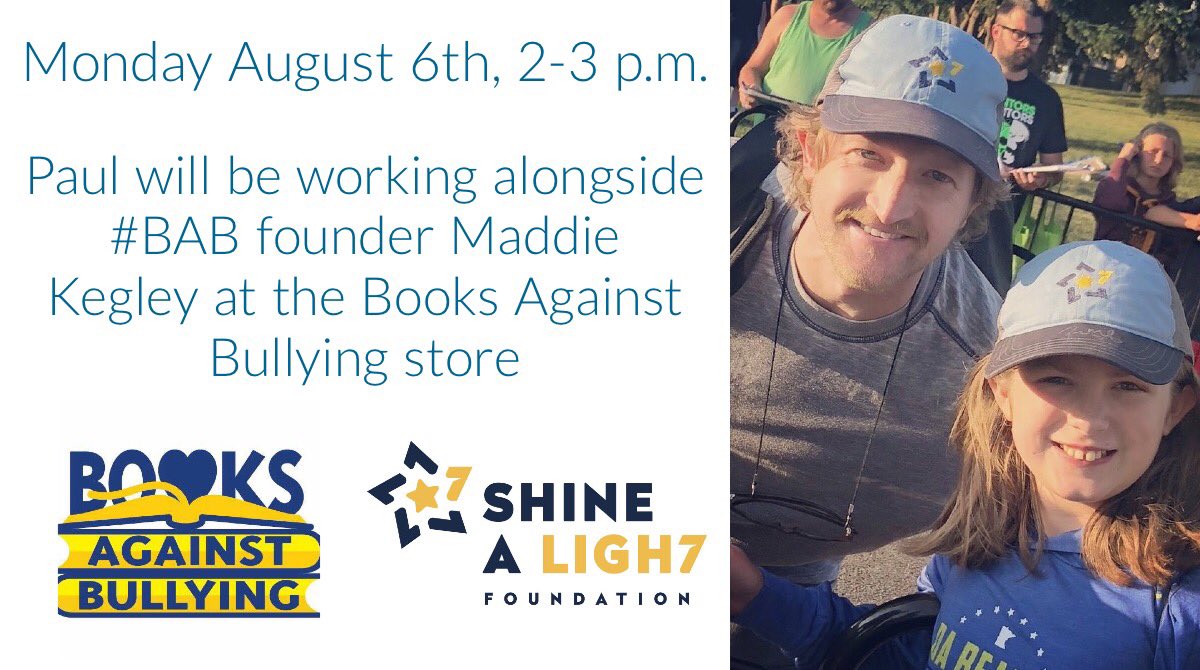 ShineALigh7's tweet photo. Monday afternoon, Maddie will be showing Paul the ropes at her Books Against Bullying store that is going on one year old and still gives the majority of its proceeds to #SAL7 @BooksAgainst #antibullying ✨ https://t.co/4jxtBSMffq