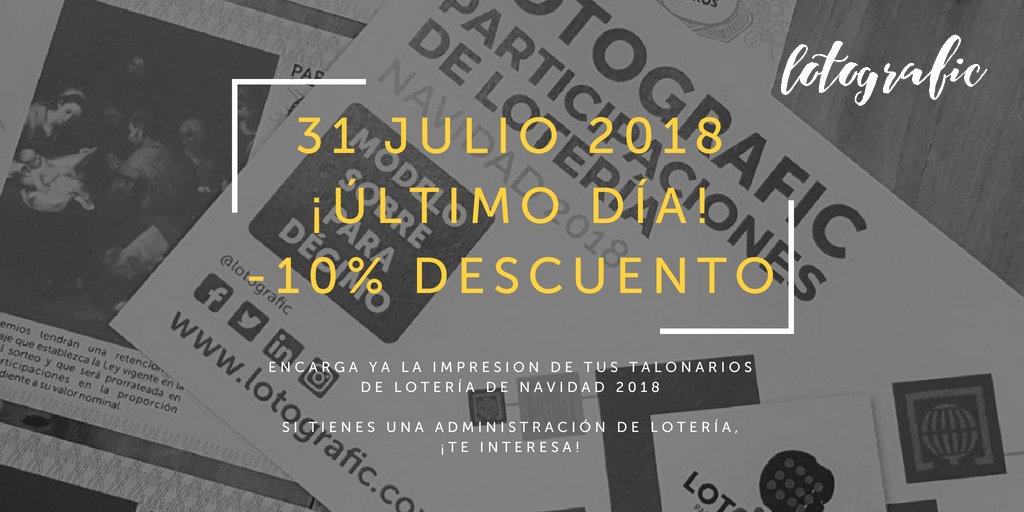 Lotografic's tweet photo. 🔊🔚 ¡Hoy es el último día para encargar tus pedidos de talonarios de #LoteríaDeNavidad 2018 con un -10% de #descuento!

Ponte en contacto ya enviándonos un mensaje aquí  o directamente al WhatsApp pinchando en este link 👉 https://t.co/HOnYwFaG9J

#Lotografic #Loteria https://t.co/w3R3DJy8S4