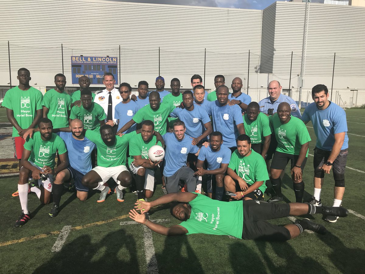 DCPoliceDept's tweet photo. Starting NOW! The Mayor’s Office on African Affairs vs. MPD Community Soccer Game at the Columbia Heights Education Campus! Join us for food, music and SOCCER! ⚽️🌭 https://t.co/9ISmM5LedP