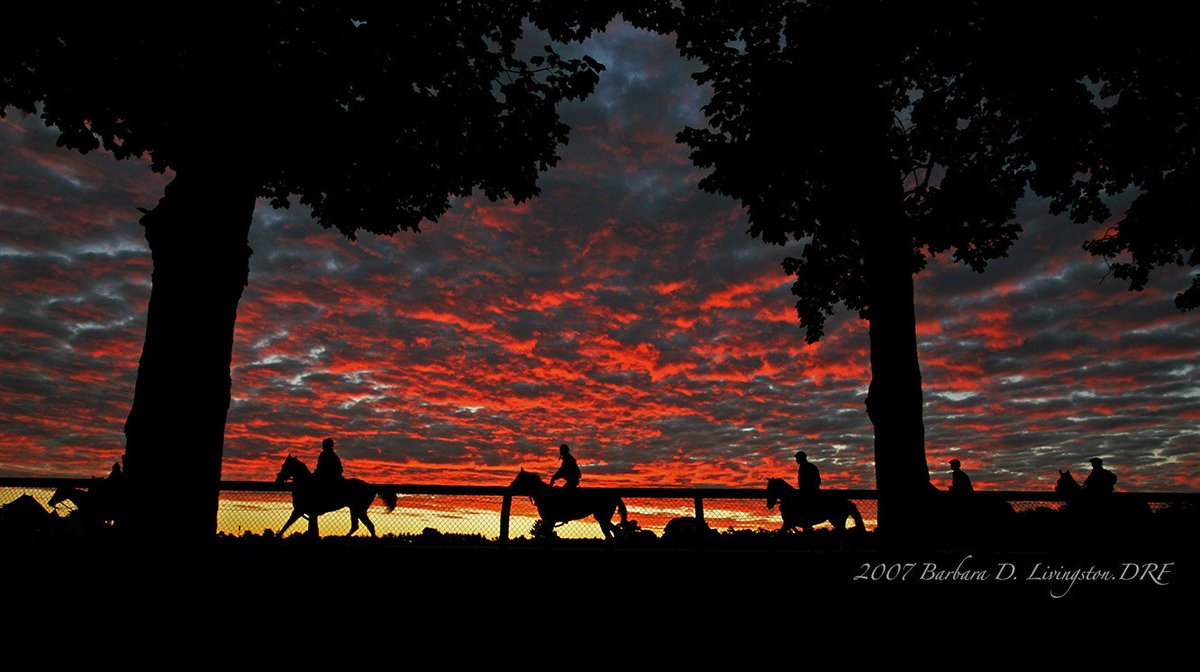 DRFLivingston's tweet image. Another old favorite Saratoga sunrise photo - this one from the 2007 meet.  Fire On High.  @TheNYRA