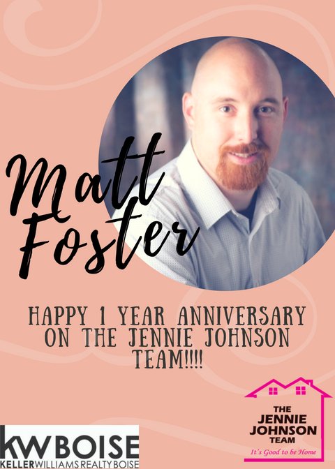 JennieJohnsonID's tweet photo. We are so Excited that Matt Foster has been on the team for ONE YEAR today!!! Thank you Matt for all you do! We are so grateful for you!!! #thejenniejonsonteam #kellerwilliamsrealtyboise https://t.co/tLovuDwNQu