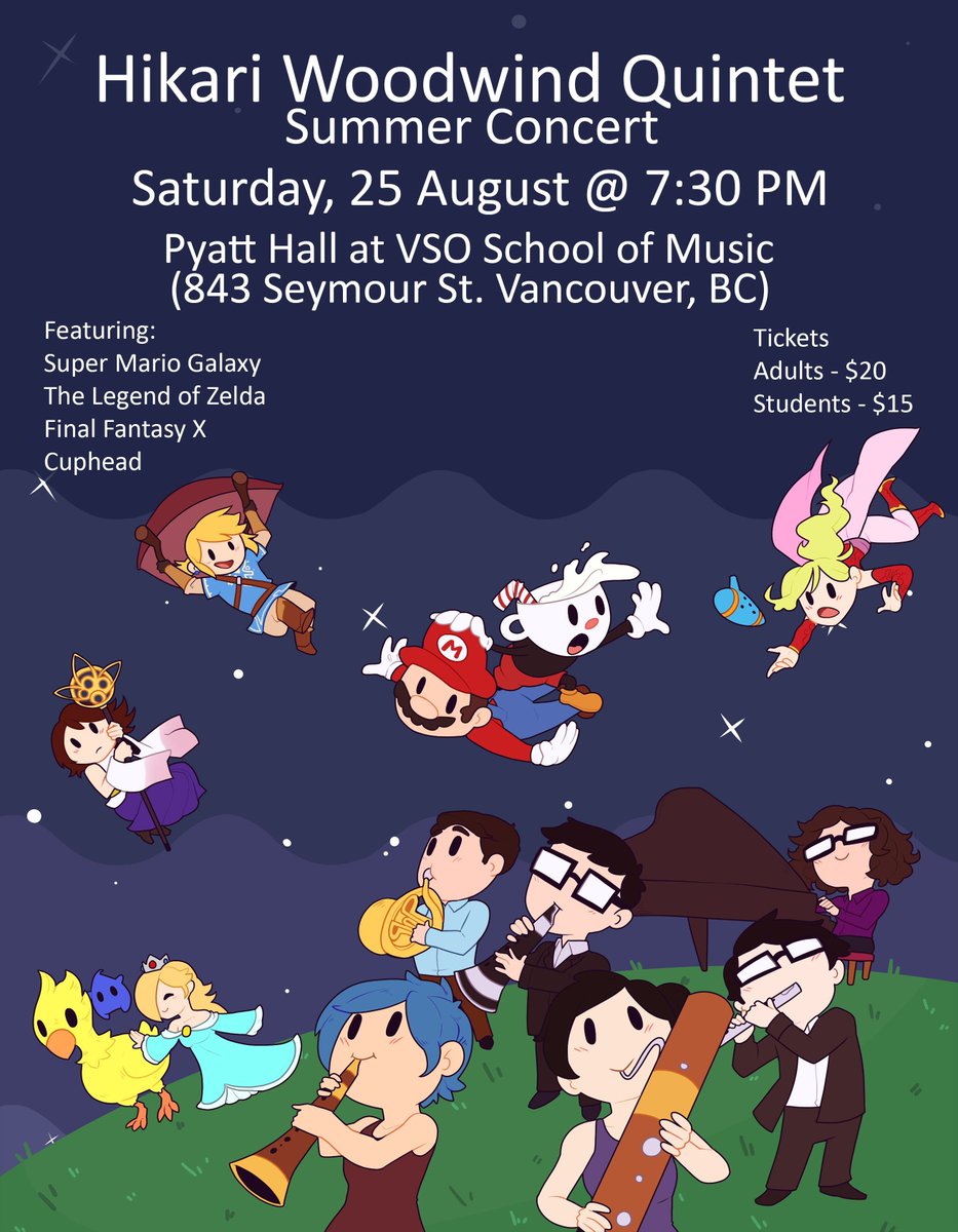 katelovelymomo's tweet photo. Hikari Woodwind Quintet Concert Ticket info: https://t.co/QOvbW6XlEY
Concert will feature music from The Legend of Zelda, Final Fantasy X, Cuphead and Super Mario Galaxy! https://t.co/N8ffYBydbH