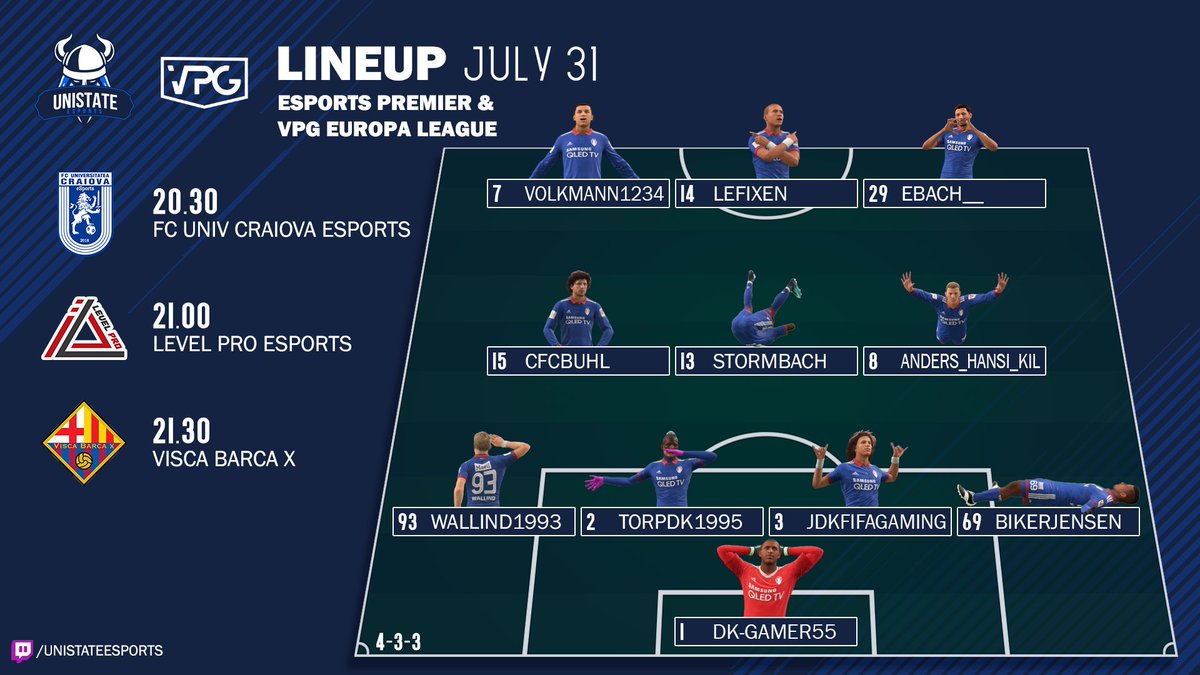 UnistateeSports's tweet photo. Line up for tonight's games! 🎮

@OfficialVPG Europa League:
20.30 vs. FC Univ Craiova eSports
@OfficialVPG eSports Premier:
21.00 vs. @levelproeSport 
21.30 vs. @VBxVPG 

Come on boys! 💪

Watch us live at https://t.co/DaAN5AtWLQ 📺 https://t.co/jsK9eS3Ofj