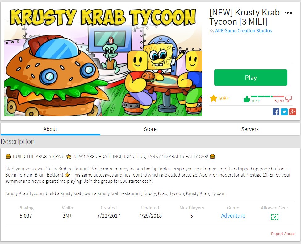 Are31 On Twitter 5 000 Players Playing Krusty Krab Tycoon Roblox Robloxdevrel Roblox Rbxdev Spongebob Krustykrabtycoon Krustykrab Mrkrabs Buildthekrustykrab Https T Co W9qyxsgakg - roblox krusty krab tycoon