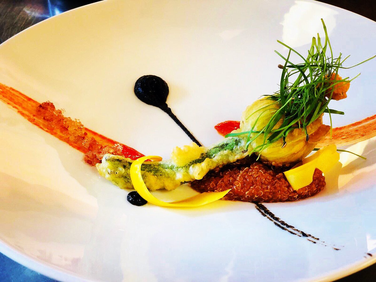 FoodAtFishmore's tweet photo. Couple of new #vegetarian dishes. Courgette Flower &amp; Red Pepper Quinoa and a warm Goats Cheese Brûlée with Goats Cheese Ice cream.Staff tasting☑️wines matched from @TannersWines &amp; @ianjuckes☑️Menus printed☑️  yummy☑️#ludlow #finedining #Shropshire #tastingmenu #wineflight https://t.co/tMdHDKhow1
