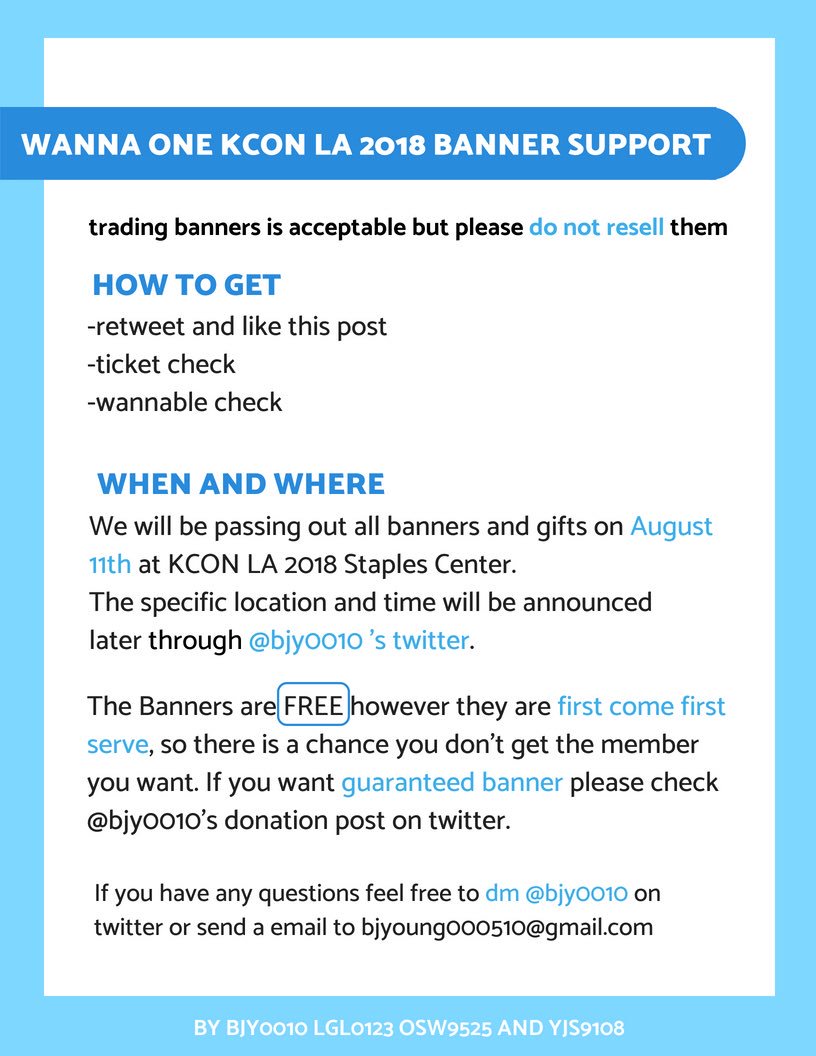 bjy0010's tweet photo. 💙Wanna One Banner Support for KCON LA 2018 💙

by @bjy0010 @lgl0123 @osw9525 @yjs9108

how to get
-retweet and like this post
-ticket check
-wannable check

when and where
-the location will be announced later

‼️the banners are first come first serve‼️

#WannaOne #KCON18LA https://t.co/XszkdE6riU