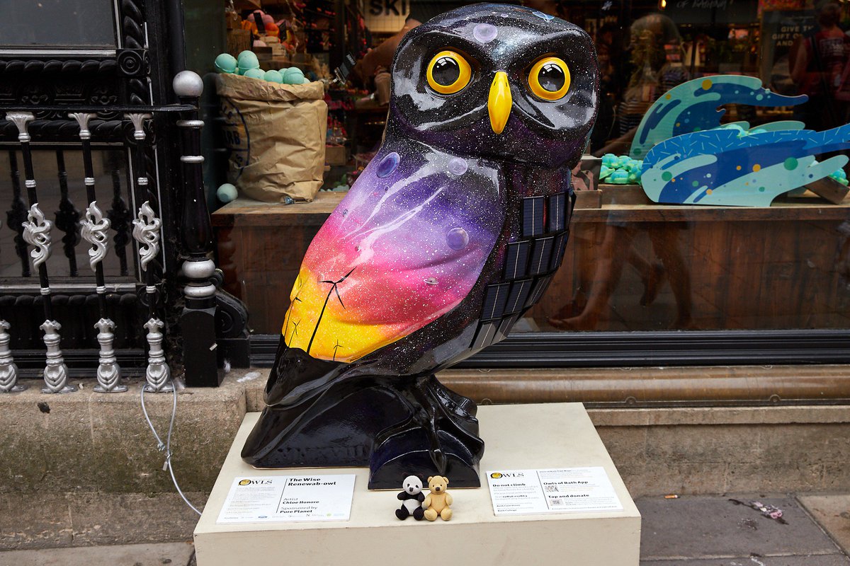 Four beautiful <a href="/OwlsofBath/">Minerva's Owls of Bath 2018</a>  Owls
Inkie Hoots by <a href="/inkiegraffiti/">Tom</a> 
Speculo by <a href="/bathaquaglass/">Bath Aqua Glass</a> 
Sterling by Kat Thomas
The Wise Renewab-Owl by <a href="/chloehonoreuk/">Chloë Honoré Designs</a>