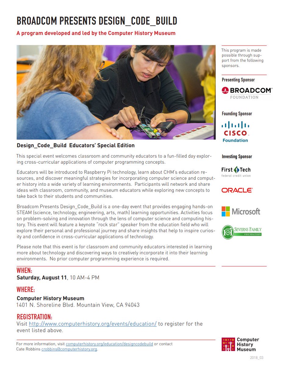KatieMcGregor's tweet image. We&apos;re thrilled to welcome @DMCole_ to #Design_Code_Build for #Educators on Sat., Aug. 11 @ComputerHistory ! David will share his in and out of #school #STEAM #teaching &amp;amp; #learning experiences. Sign up today: goo.gl/2GDRnY 
#STEM #CS #PD #RPi #Museum #Education #BayArea