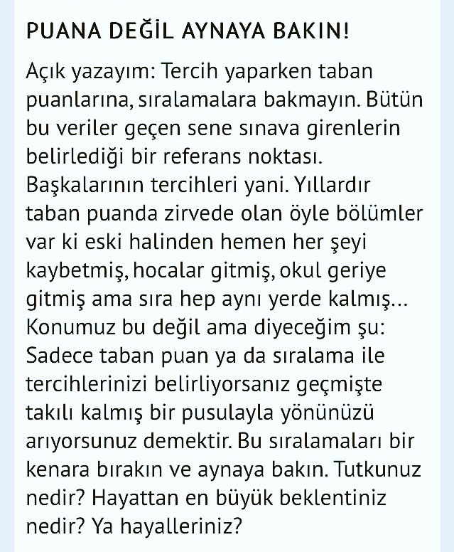 Sevgili Gençler!
“Tercih yaparken puana değil aynaya bakın!”
( Selçuk Şirin) #yks2018