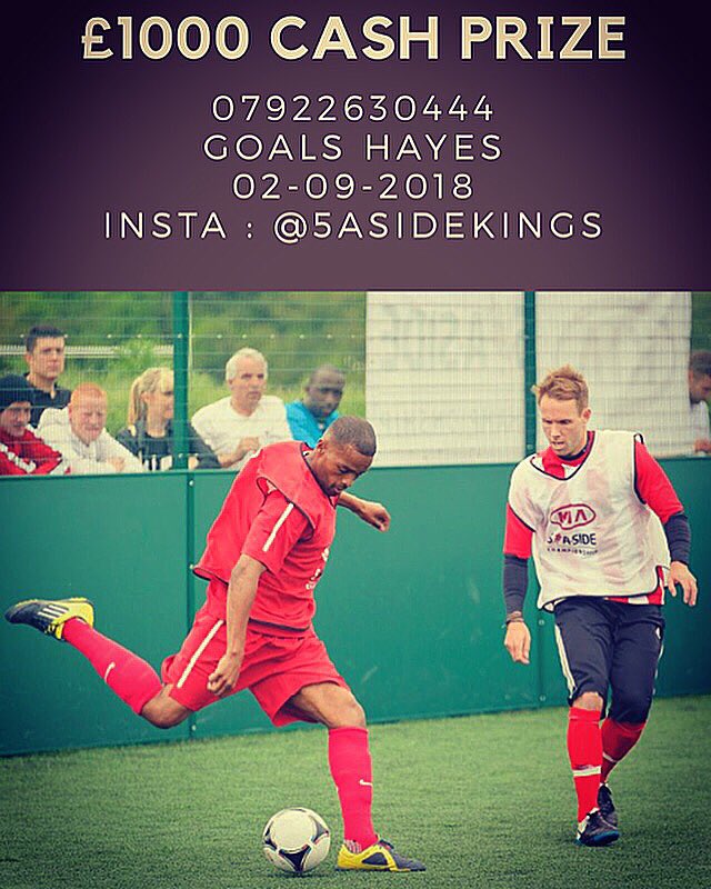 Samkanani9's tweet photo. @5asidekings1 Is back! 02-09-2018 @goals_hayes 
£100 entry max 8 players.
£1000 for the winners 👀⚽️ #5asideKings https://t.co/r1FnINlhZY