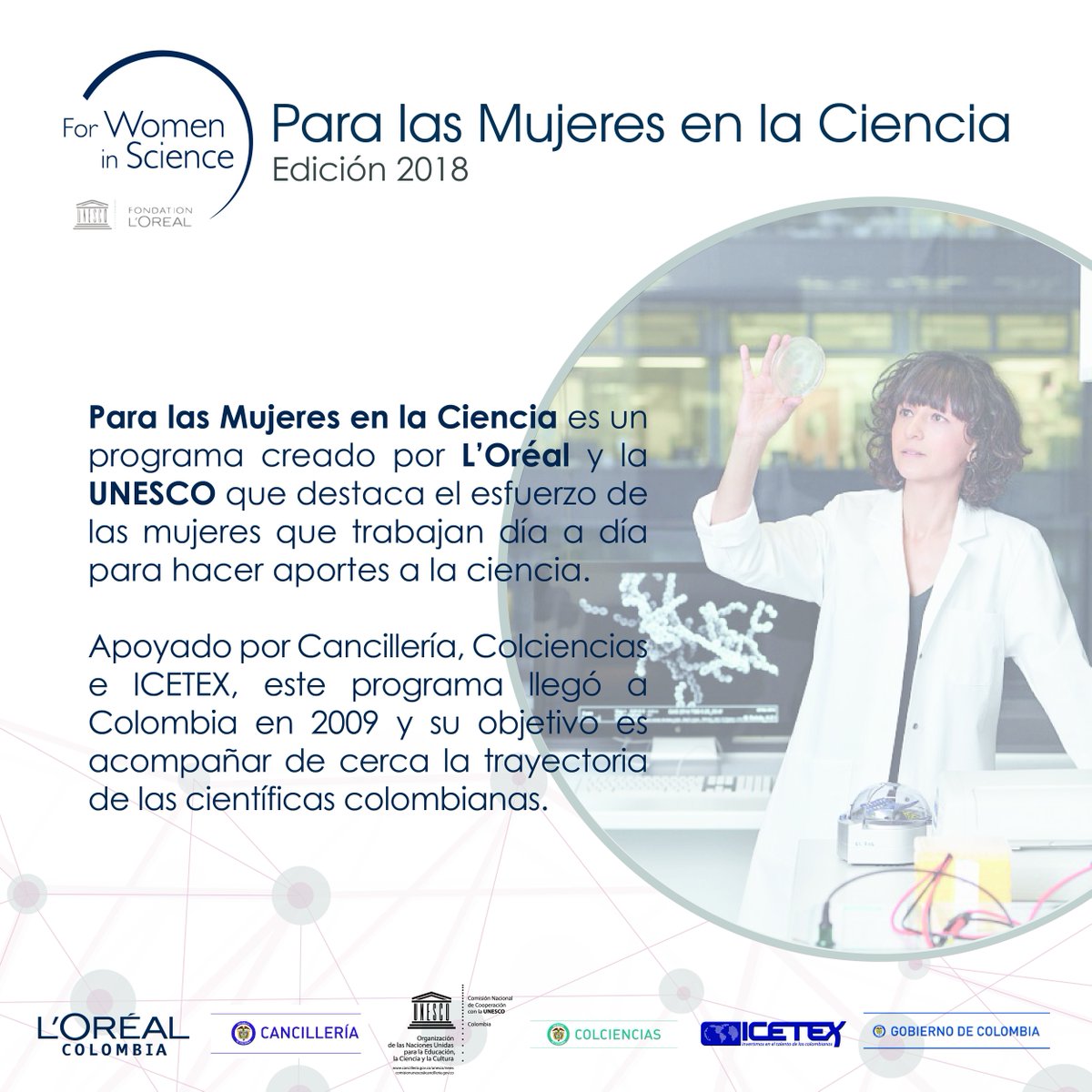 MincienciasCo's tweet photo. Participa en la la convocatoria del Programa Para las Mujeres en la Ciencia, una iniciativa mundial de @LOrealColombia y la @UNESCO para fomentar el desarrollo y crecimiento de las mujeres científicas 👩🏻‍🔬👩🏼‍🔬👩🏽‍🔬 ➡️ https://t.co/xI2LRPnQjY https://t.co/iQOjAR6Epq
