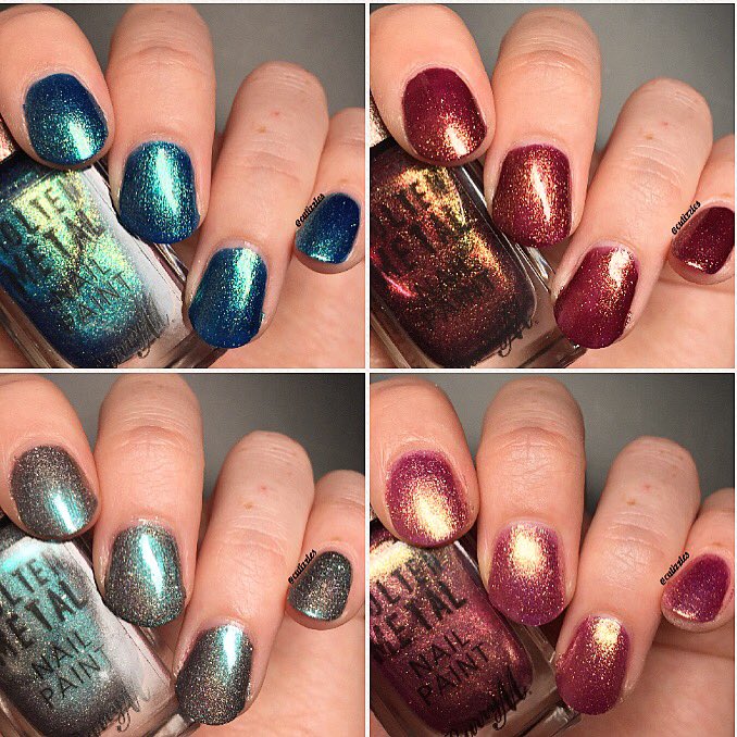 cutizzles's tweet photo. I’m in love with the new Molten Metal polishes by @BarryMCosmetics. Shown here is “Crystal Blue”, “Antique Gold”, “Celestial Silver” and “Pink Luxe”. All from @superdrug #nailart #barrym #superdrug https://t.co/W7jRhVQhYu