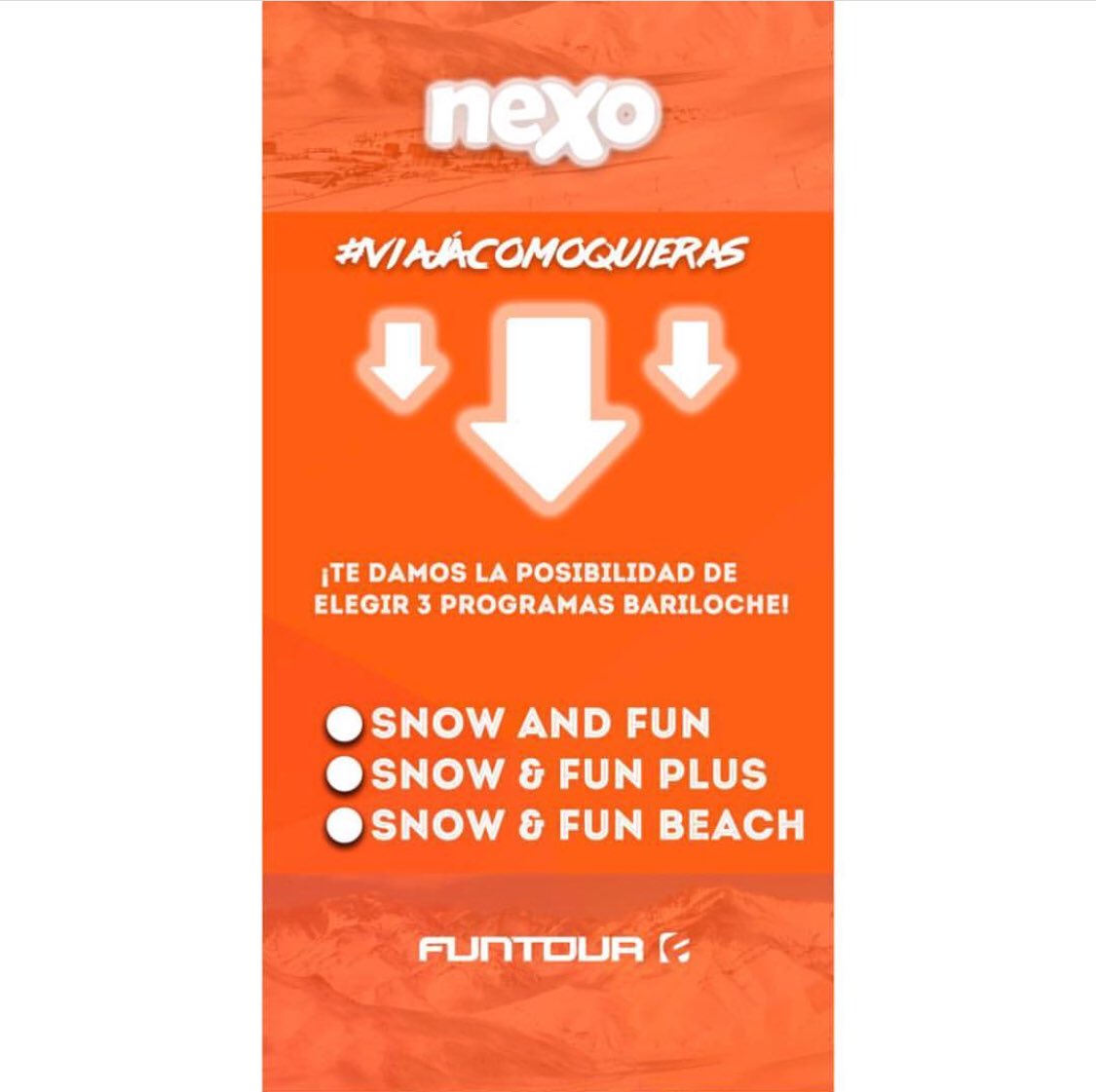 NexoEstudiantil's tweet photo. Además de poder elegir cómo llegar a #Bariloche , de la mano de #Funtour y #NexoViajes podes elegir qué programa hacer❗️🔝
Aún hay más, TE REGALAMOS el viaje previo a @ParquedelaCosta 

A Bariloche #ViajaComoQuieras ‼️

#EmpresaLider #LoHacemosUnico #SiNoViajasconNexoniVayas https://t.co/DWzvkPCZxI