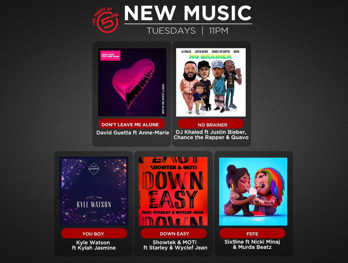 5FM's tweet photo. Some rad new music you'll be hearing on the station from the likes of:

😎 @kylewatsonmusic 
😎 @djkhaled 
😎 @justinbieber
😎 @AnneMarie 
😎@davidguetta https://t.co/gvSdDF6fYu