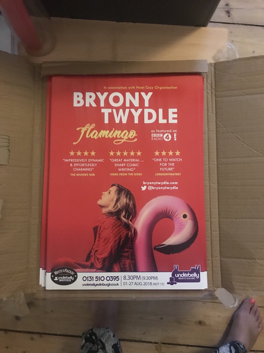 BryonyTwydle's tweet photo. And they’ve arrived, thanks @outofhandprint worries over, now let’s pop these posters out and get flyering for my first preview of ‘Flamingo’ tomorrow @FollowTheCow 8.30pm don’t miss it! #debuthour #flamingo #underbellyedinburgh https://t.co/44pvOgufdg