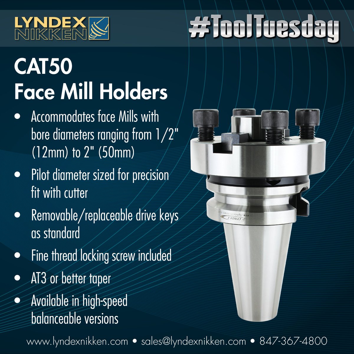 Lyndex_Nikken's tweet photo. This week's #ToolTuesday goes to the #CAT50 #FaceMill Holder! Our Face Mill holders accommodate face mills with bore diameters ranging from 1/2" to 2". Available in high-speed balanceable versions!
#cnc #LyndexNikken #manufacturing #tooling #CAT50 #FaceMill https://t.co/QBDZkXpMzp