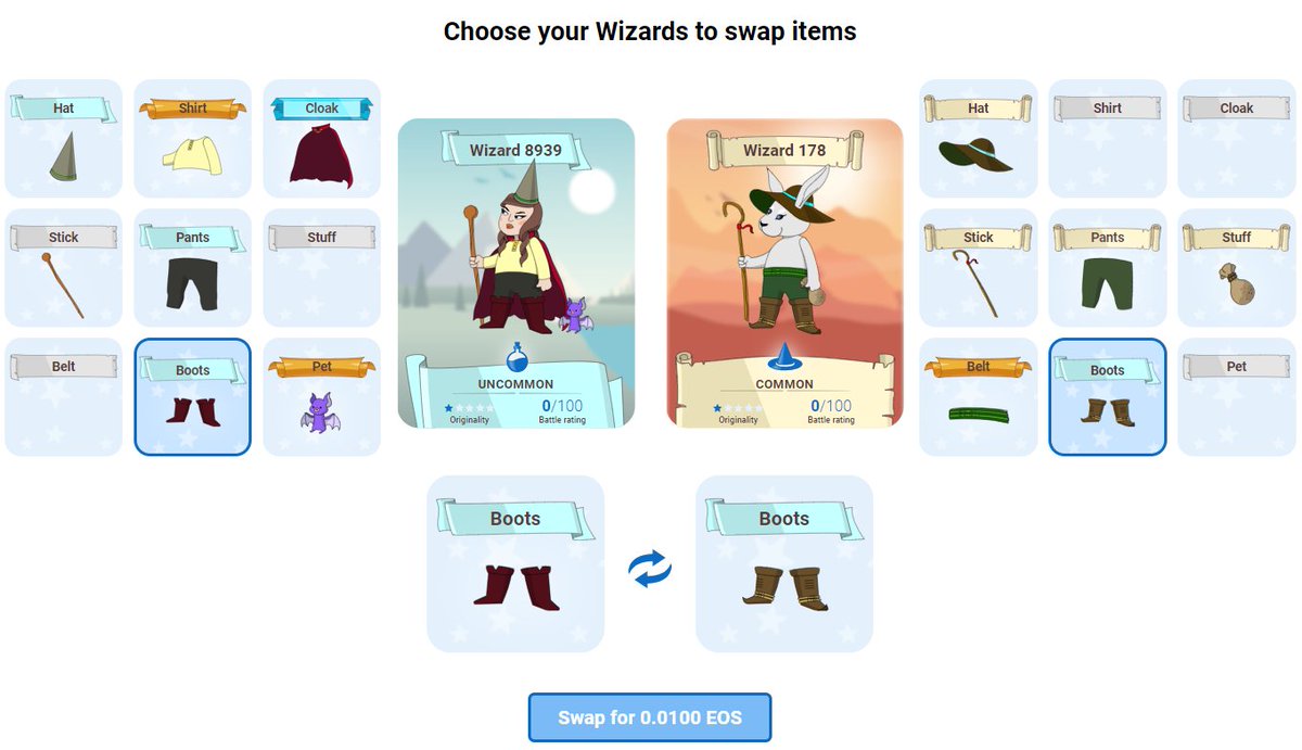 WizardsOne's tweet image. Now you are able to swap items between your Wizards!

#wizards #wizardsone #cryptowizards #eos #swap