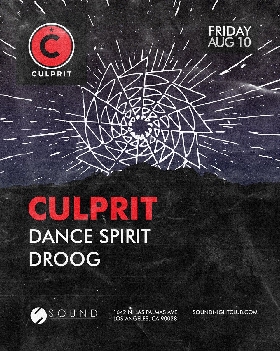 Doing our Culprit thang at <a href="/Sound_Nightclub/">Sound</a> next Friday. <a href="/Droog_LA/">Droog LA</a> &amp; <a href="/Dance_Spirit/">Dance Spirit</a> represent: facebook.com/event/17996151…