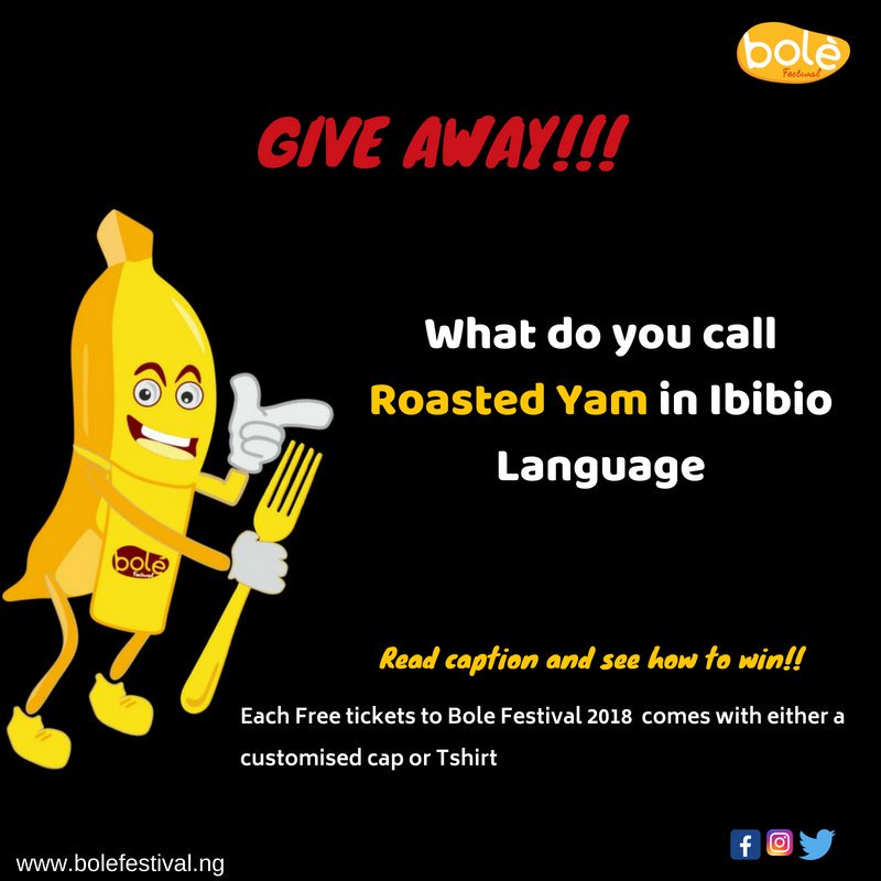 BoleFestival's tweet photo. To win;
1. Ensure you are following bole festival
2.Answer the question correctly
3. Like & retweet
4.Tag 3 of your friends to win too
#BGgiveaway #bolefestival2018 #giveaway #EatPlayConnect #freetickets #freecap #freeTshirt #BGtrivia #OnlyInPortHarcourt https://t.co/eKGQXaO2p0