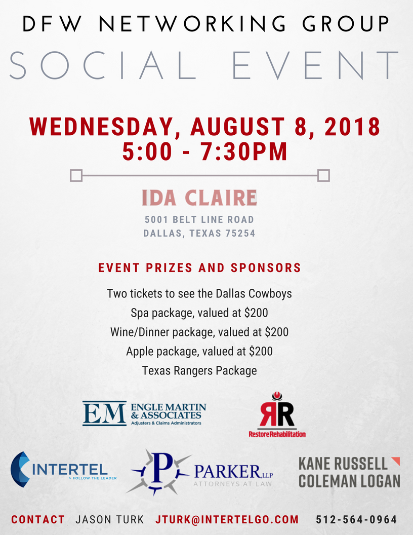 Intertel_Inc's tweet photo. Please join @Intertel_Inc at the DFW Networking Group Social Event on Wednesday, 8/8/2018 at @idaclairetexas
For more info, contact Jason at jturk@intertelgo.com
#dfwinsurance #dfwriskmanagement #Dallas #FortWorth #dfwclaims #dfwnetworkinggroup #networkinggroup #happyhour https://t.co/G8LCVV0qJm